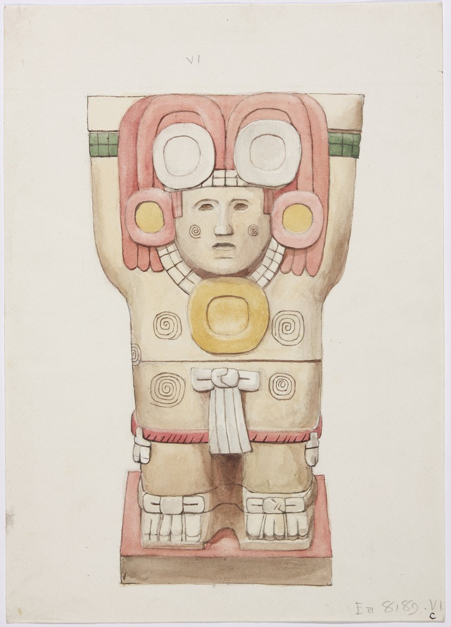 Kariatyda z komnaty zewnętrznej, świątynia A, boisko balowe, Chichen Itza, Meksyk (akwarela) autorstwa Adela Breton