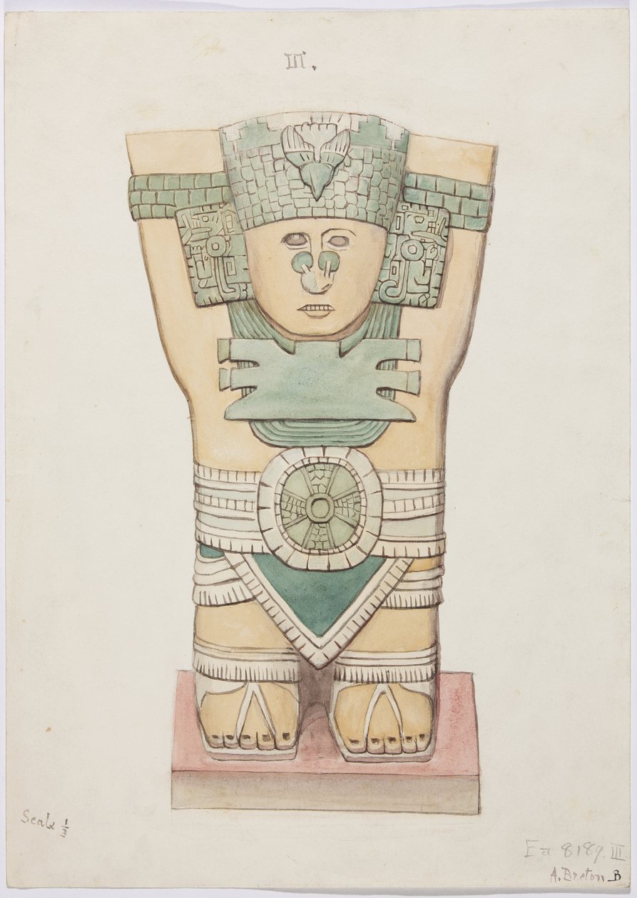 Kariatyda z komnaty zewnętrznej, świątynia A, boisko balowe, Chichen Itza, Meksyk (akwarela) autorstwa Adela Breton
