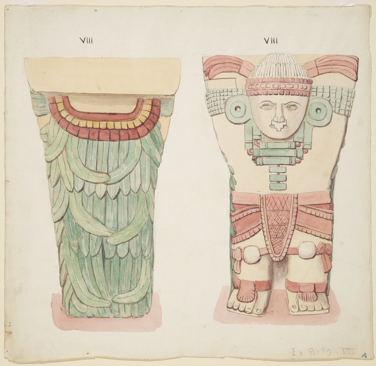 Kariatyda z komnaty zewnętrznej, świątynia A, boisko balowe, Chichen Itza, Meksyk (akwarela) autorstwa Adela Breton