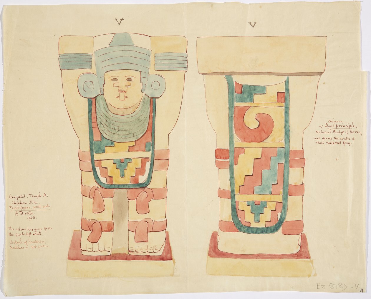 Kariatyda z komnaty zewnętrznej, Górna Świątynia Jaguarów (Świątynia A), boisko balowe, Chichen Itza (akwarela) autorstwa Adela Breton