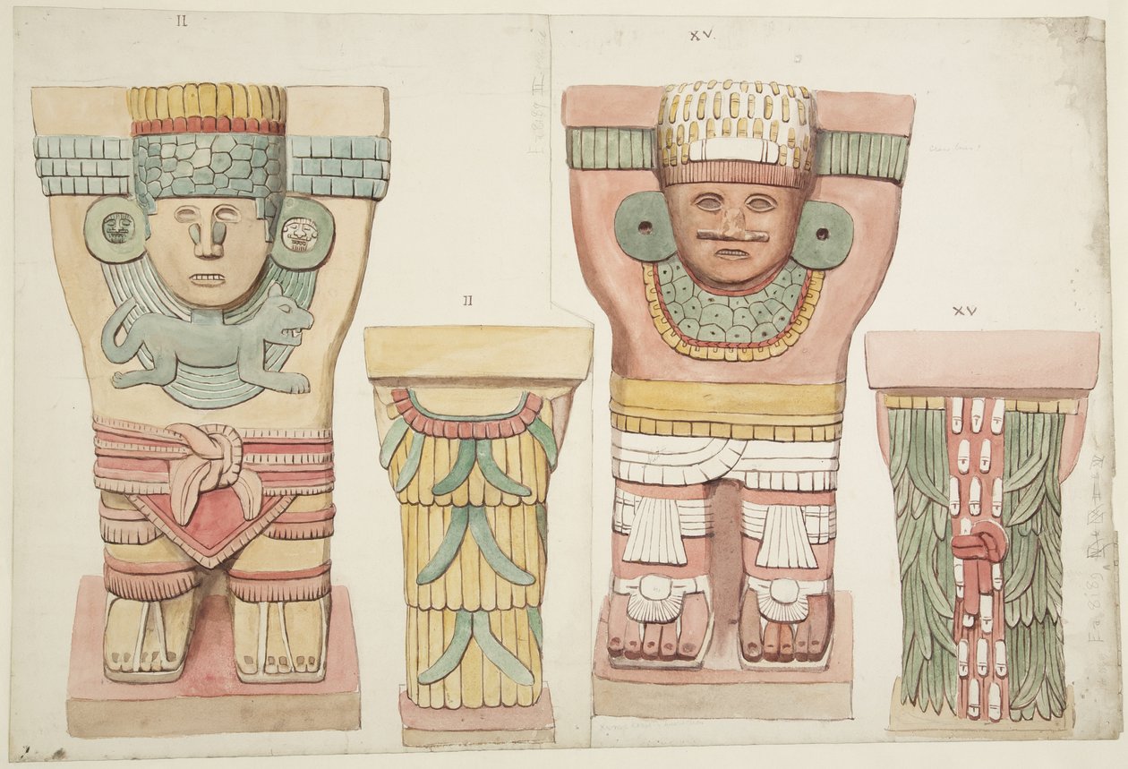 Kariatydy II i XV z komory zewnętrznej, Górna Świątynia Jaguarów, Chichen Itza, Meksyk (akwarela) autorstwa Adela Breton