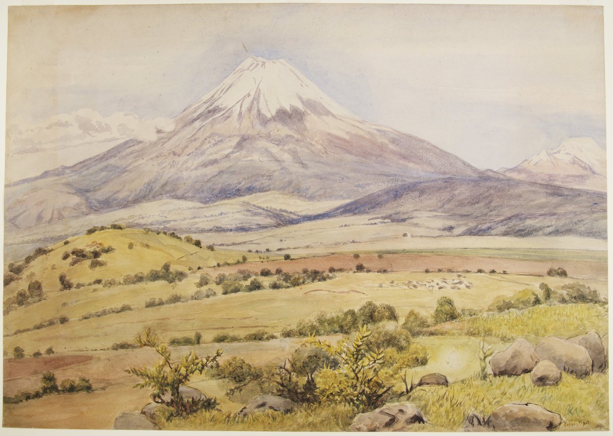 Nadchodzi chmura o 10 30 rano Popocatépetl z Atlixco, Puebla, Meksyk (akwarela i kolor nadwozia) autorstwa Adela Breton