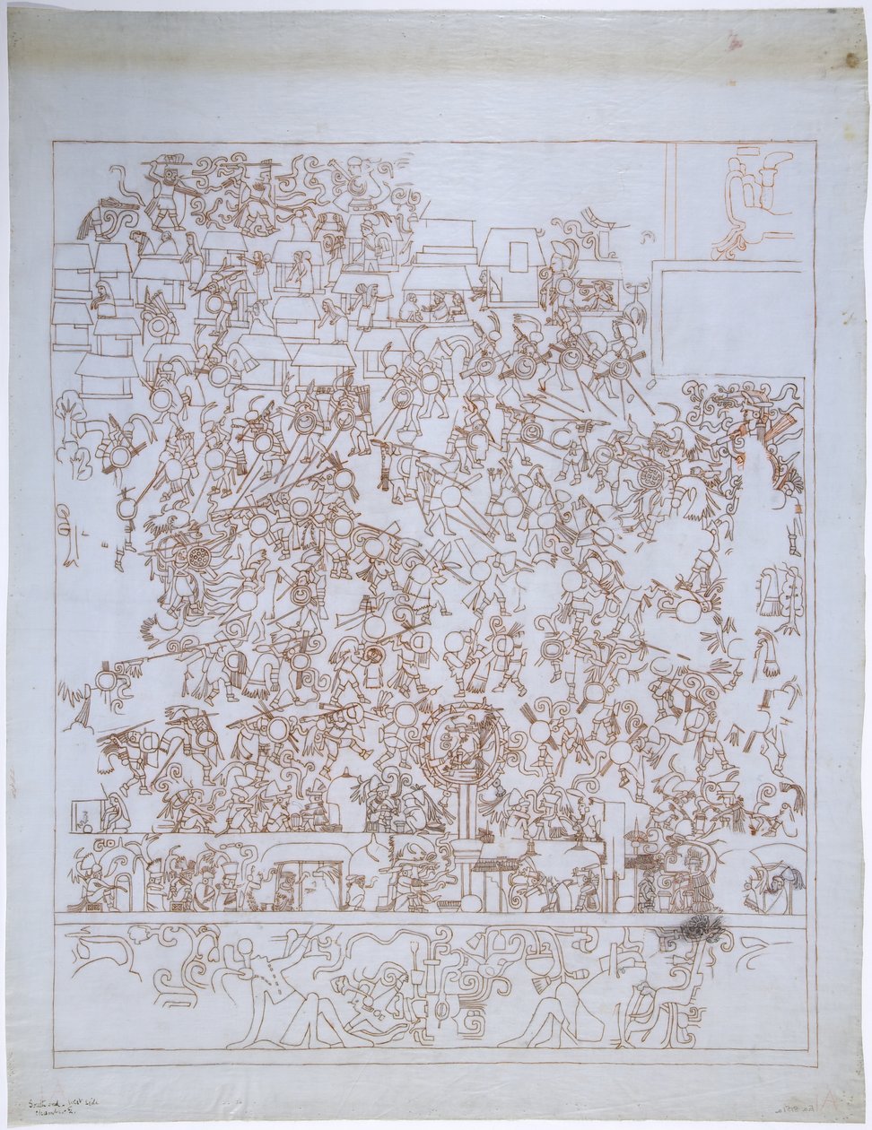 Kopia malowidła ściennego, Górna Świątynia Jaguarów, South End, West Wall, Górna Świątynia Jaguarów, Chichen Itza, Meksyk (czerwony tusz i grafit) autorstwa Adela Breton