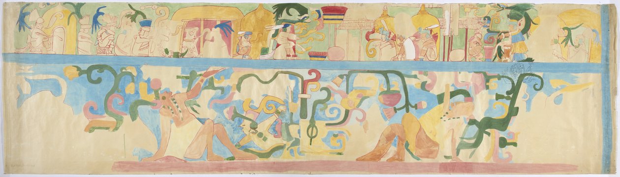 Kopia malowidła ściennego z południowo-zachodniej ściany, Górna Świątynia Jaguarów, Chichen Itza, Meksyk (akwarela i kolor nadwozia) autorstwa Adela Breton