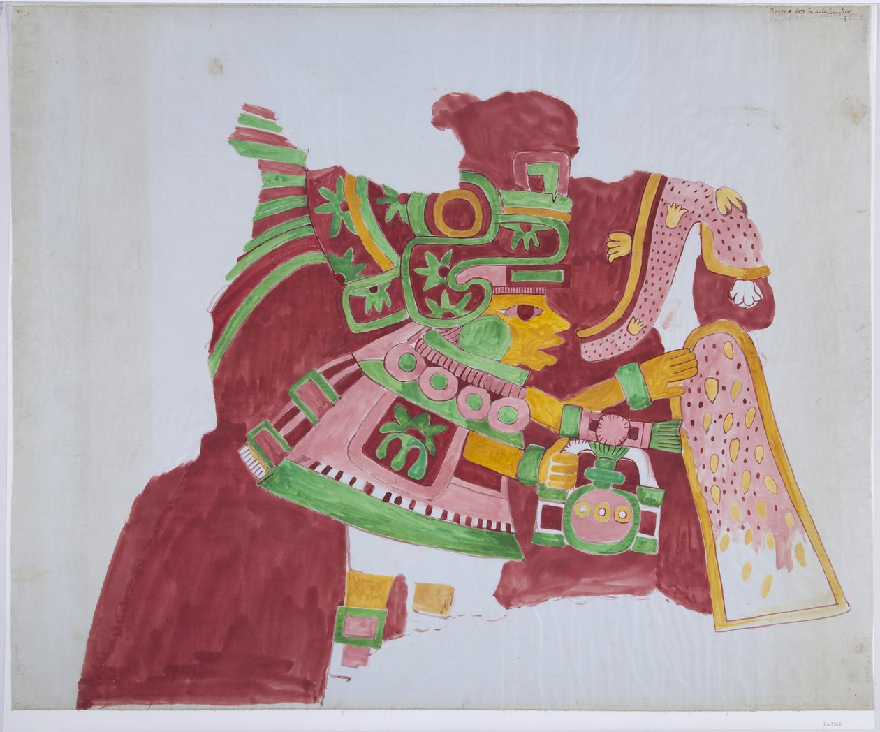 Kopia fragmentu muralu z Casa de Barrios, „Dom Kapłanów”, Teopancaxco, Teotihuacan, Meksyk (akwarela i grafit) autorstwa Adela Breton