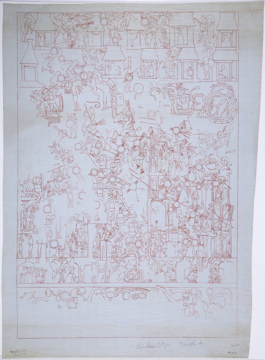 Rysunek Ściany Południowej, Górna Świątynia Jaguarów, Chichen Itza, Meksyk (czerwony tusz) autorstwa Adela Breton