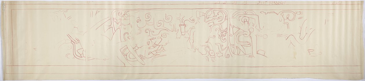 Zarys malarstwa ściennego z zachodniej ściany, Górna Świątynia Jaguarów, Chichen Itza, Meksyk (czerwony tusz i   grafit) autorstwa Adela Breton