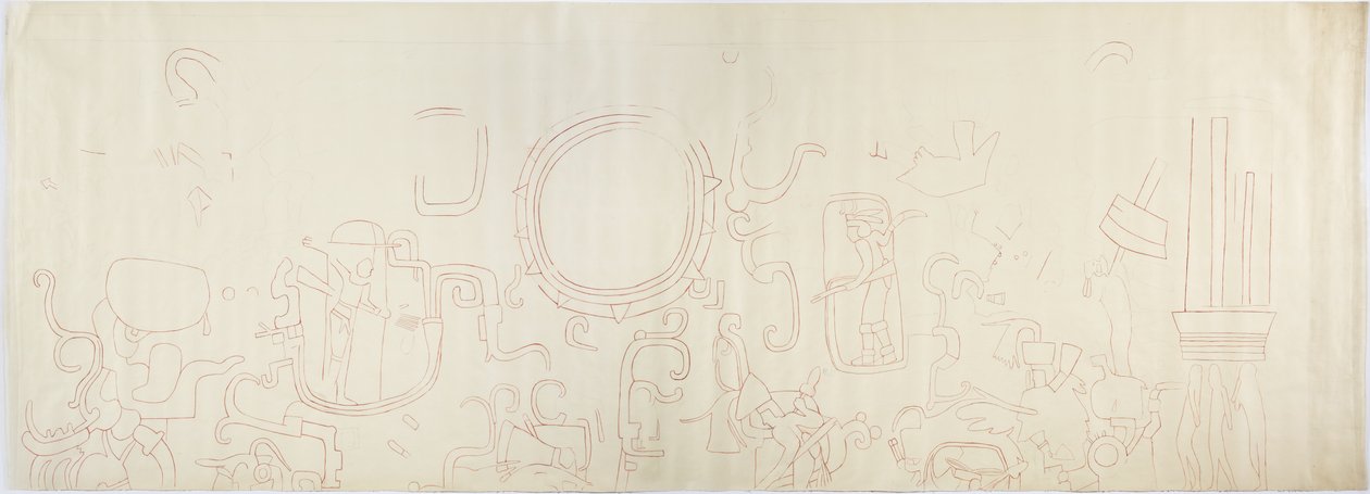 Malowidło z północnej ściany, Górna Świątynia Jaguarów, Chichen Itza, Meksyk Północna część (czerwony tusz i grafit) autorstwa Adela Breton