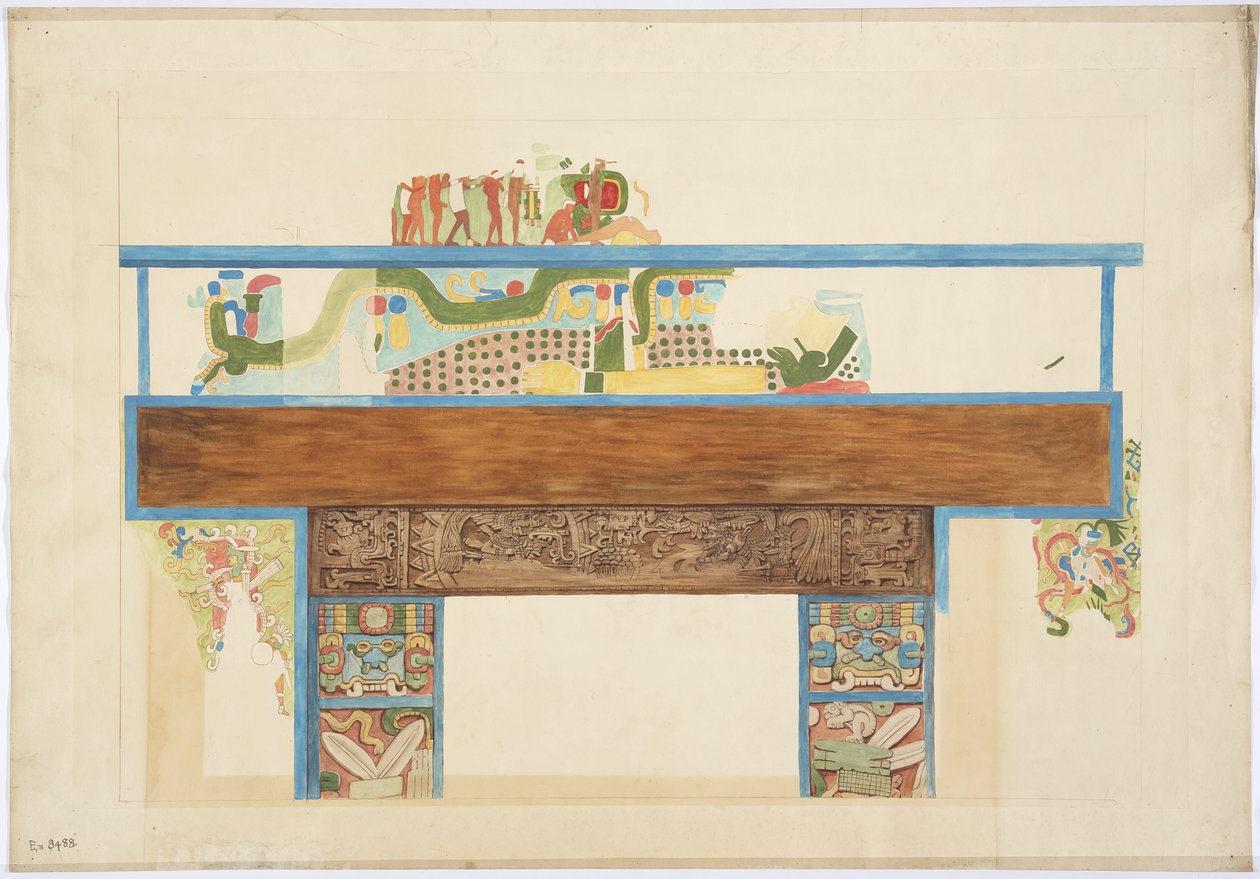 Kopia w skali ćwiartki malowidła ściennego ściana zachodnia, Górna Świątynia Jaguarów, Chichen Itza, Meksyk (akwarela, bodycolor, grafit) autorstwa Adela Breton