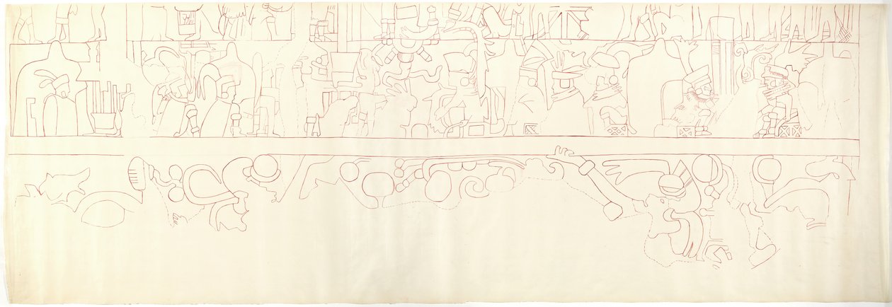 Południowa Ściana, Górna Świątynia Jaguarów, Chichen Itza, Meksyk Południowa dzielnica (czerwony tusz i grafit) autorstwa Adela Breton
