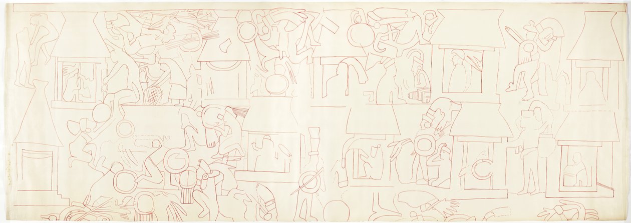 Ściana południowa, Górna Świątynia Jaguarów, Chichen Itza, Dzielnica Północna Meksyku (czerwony tusz i grafit) autorstwa Adela Breton