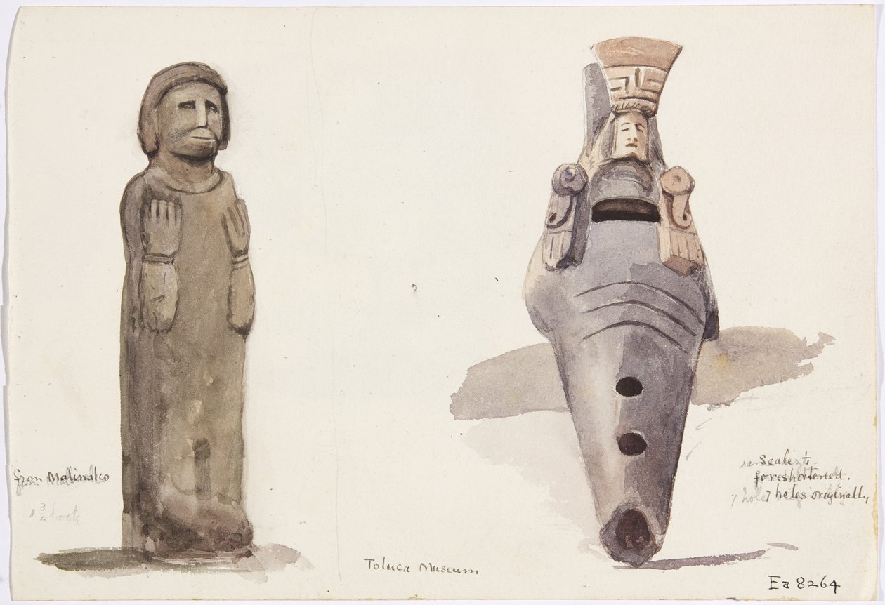 Kamienne figury z Malinalco, Toluca, Meksyk (akwarela) autorstwa Adela Breton