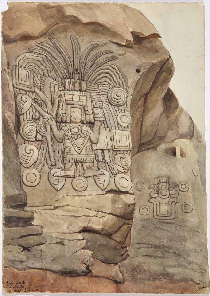 Kamienny relief w naturalnej skale autorstwa Adeli Breton - Piedra de Malinche, Tula, Hidalgo, Meksyk (akwarela) autorstwa Adela Breton