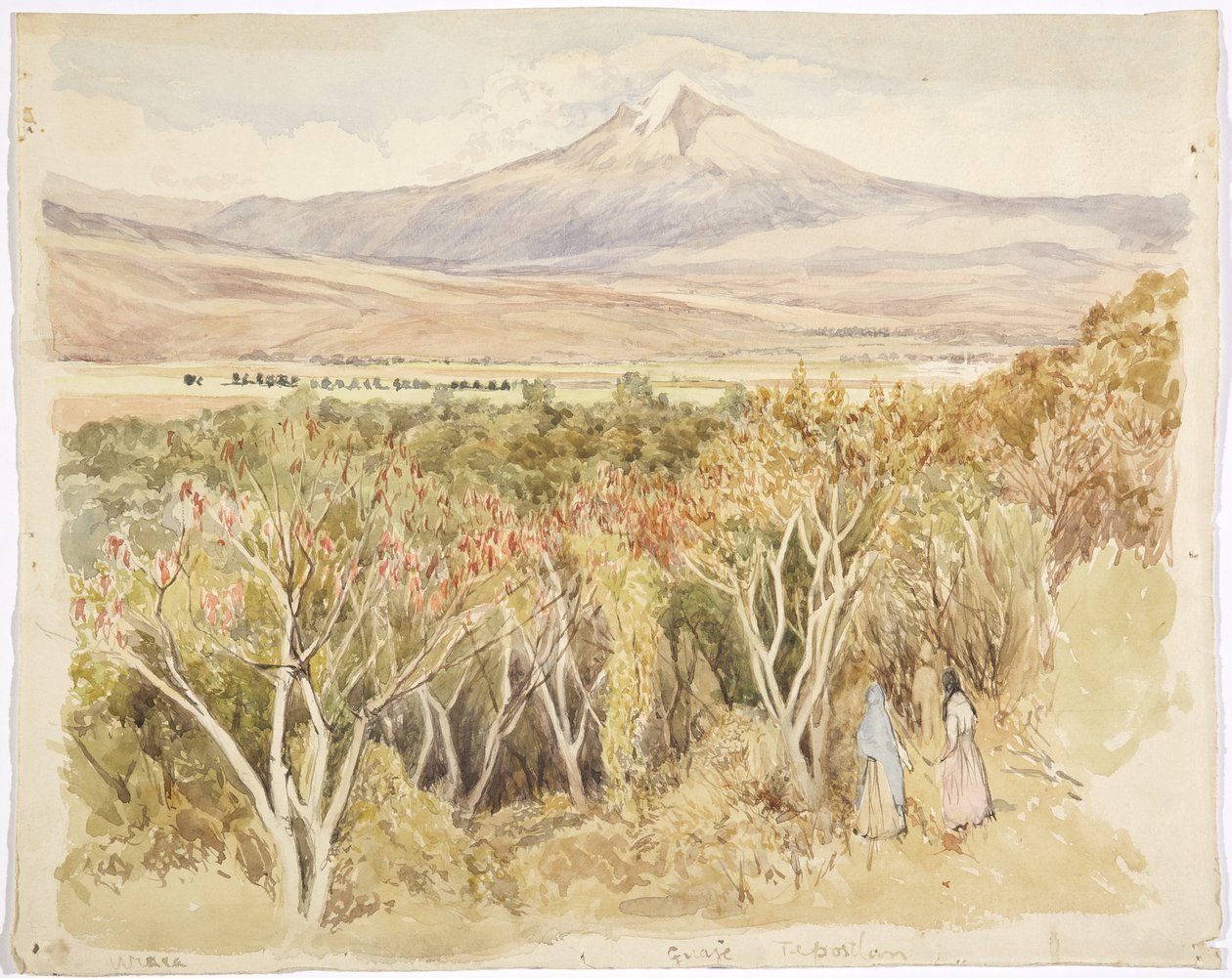 Wulkan Popocatépetl z Yautepec, stan Morelos, Meksyk (akwarela i grafit) autorstwa Adela Breton