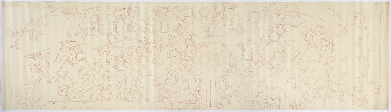 Odrysowanie muralu z zachodniej ściany, Górna świątynia Jaguarów, Chichen Itza, Meksyk (czerwony tusz) autorstwa Adela Breton