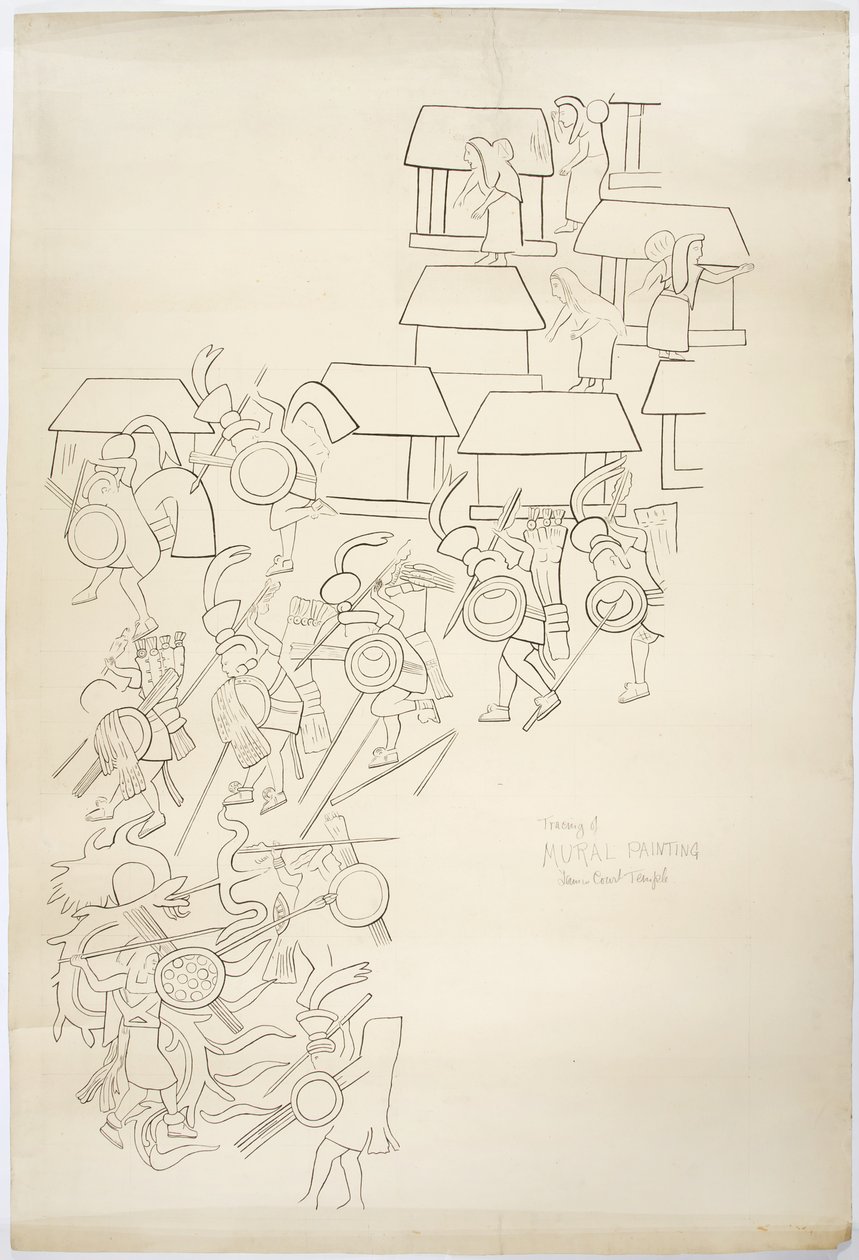 Rysowanie malowidła ściennego z Zachodniego Muru, Górna Świątynia Jaguarów, Chichen Itza, Meksyk Rysowanie jest tuszem (czarny tusz i grafit) autorstwa Adela Breton