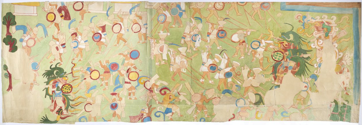 Odrysowanie malowidła ściennego z południowo-zachodniej ściany, Górna Świątynia Jaguarów, Chichen Itza Chichen Itza, Meksyk (akwarela, bodycolour, grafit) autorstwa Adela Breton