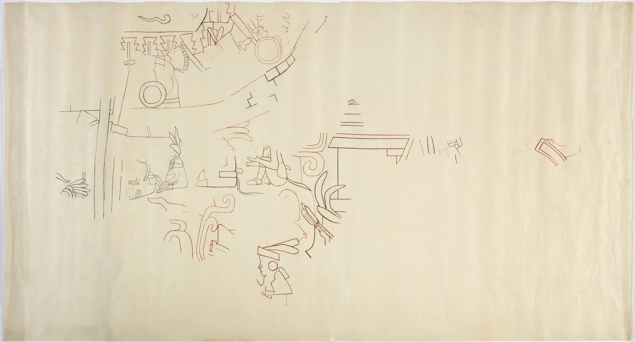 Narysowanie malowidła ściennego z Casa de Monjas, Chichen Itza, Meksyk Vault w dużej komorze (czerwony, czarny i brązowy tusz i grafit) autorstwa Adela Breton