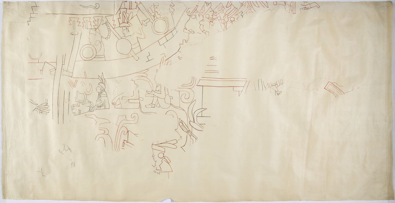 Narysowanie malowidła ściennego z Casa de Monjas, Chichen Itza, Meksyk Vault w dużej komorze (czerwony, czarny i brązowy tusz i grafit) autorstwa Adela Breton