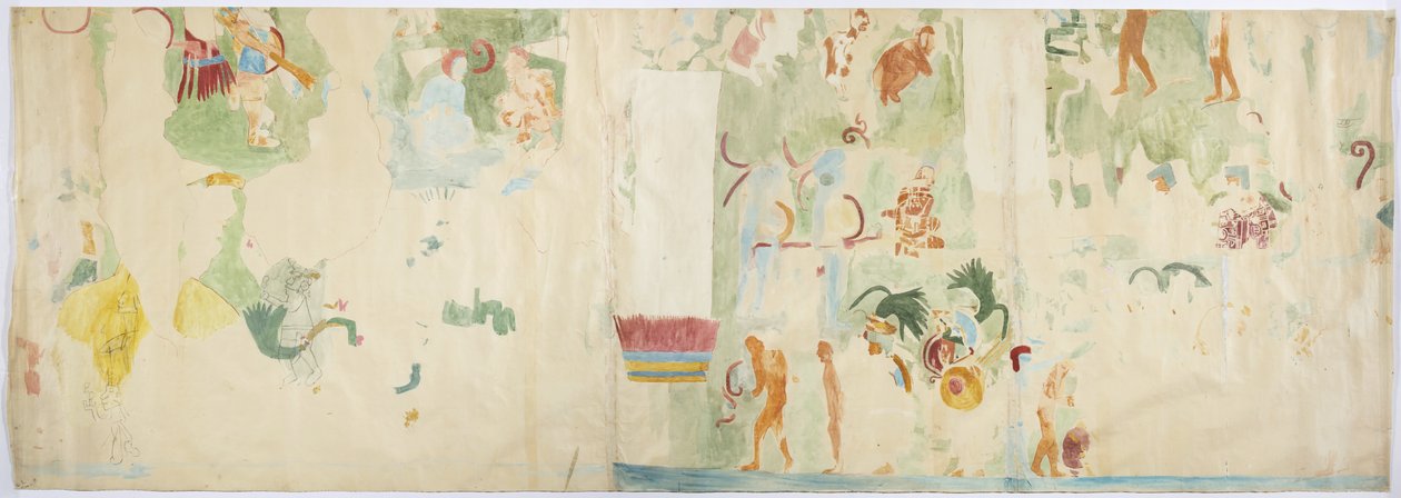 Odrysowanie malowidła ściennego z północnego panelu, zachodnia ściana, górna świątynia Jaguarów, Chichen Itza, Meksyk   (akwarela i farba do ciała) autorstwa Adela Breton