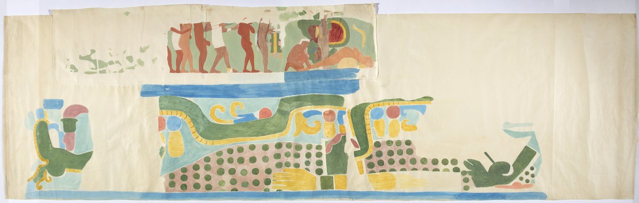Odrysowanie malowidła ściennego znad drzwi, Górna Świątynia Jaguarów, Chichen Itza, Meksyk (akwarela, bodycolor, grafit) autorstwa Adela Breton