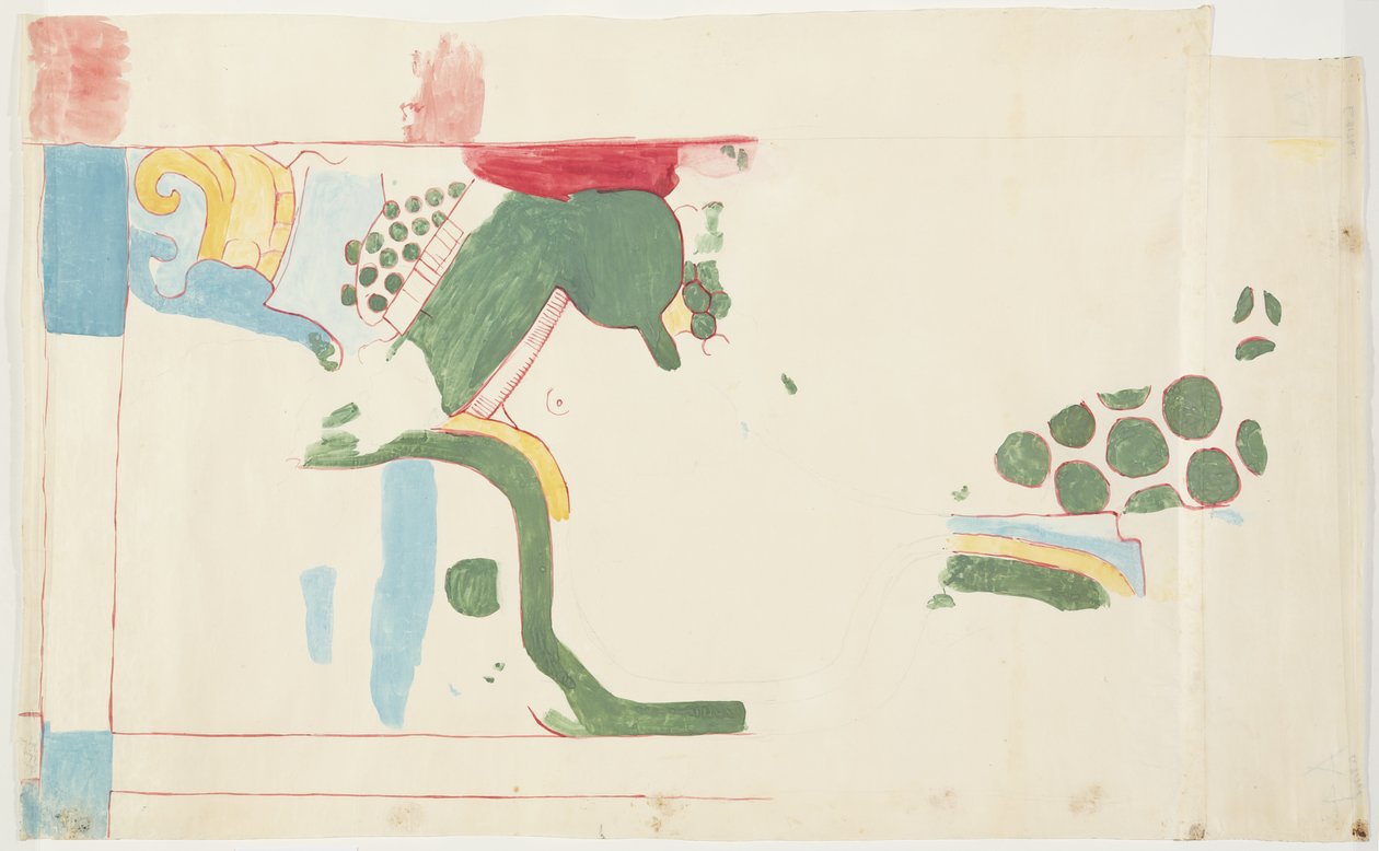 Odrysowanie malowidła ściennego z Górnej Świątyni Jaguarów, Chichen Itza, Meksyk   (akwarela, bodycolor, grafit) autorstwa Adela Breton