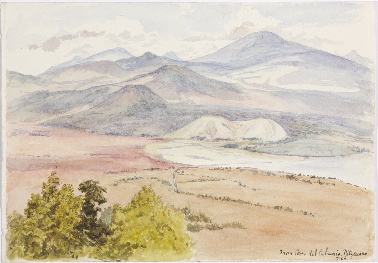 Widok z Cerro del Calvario, Patzcuaxo z jednej strony kartki a z drugiej widok na starożytną fortecę i kamienne kopce, Iguatcho z Cerro del Calvario, Patzcuaro, Michoacan, Meksyk (akwarela) autorstwa Adela Breton