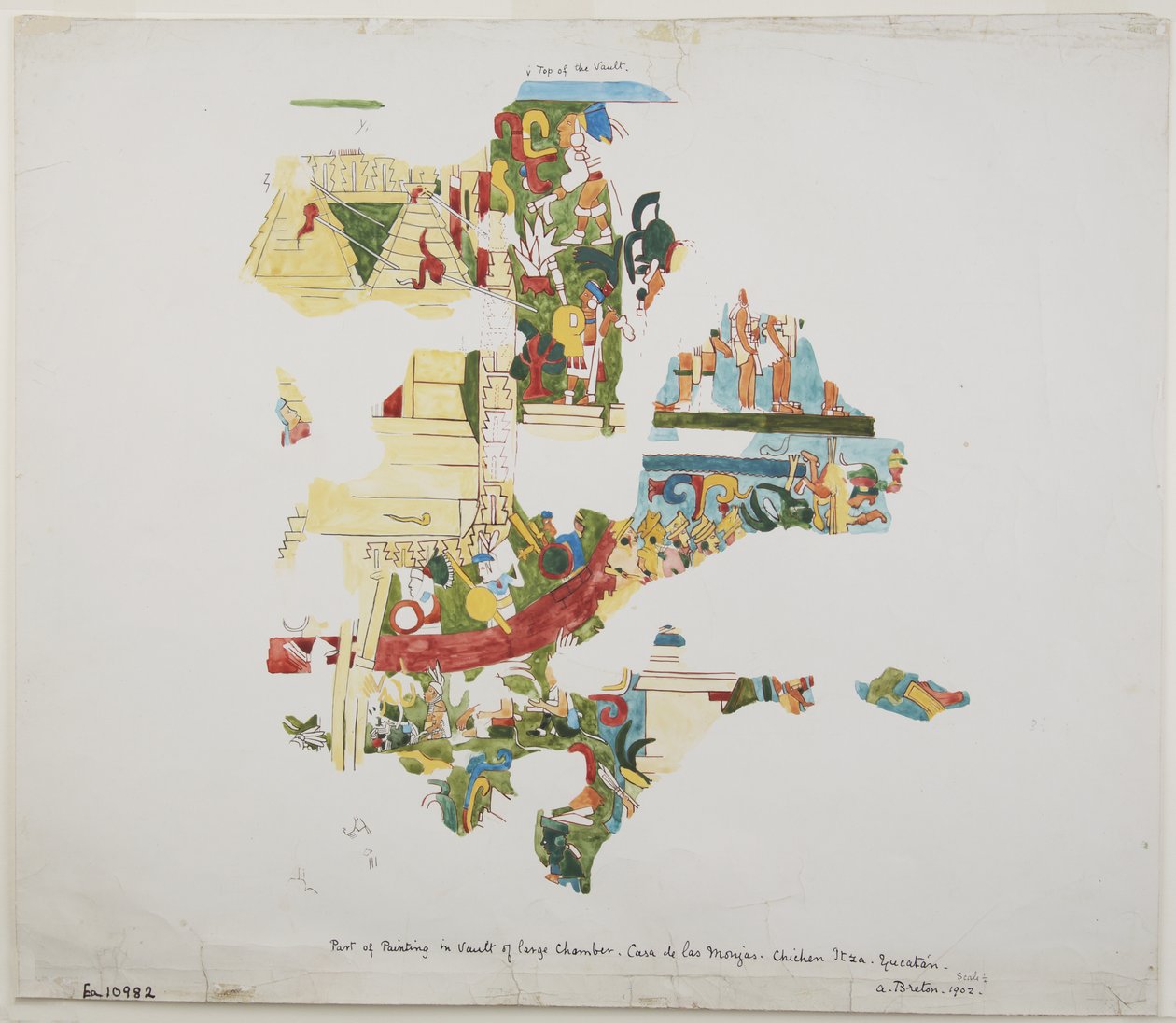 Malowidło ścienne ze skarbca w dużej komorze w Casa de Monjas, Chichen Itza, Jukatan, Meksyk (akwarela) autorstwa Adela Breton