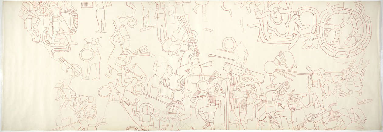 ściana południowa, Górna Świątynia Jaguarów, Chichen Itza, Meksyk Północna centralna dzielnica (czerwony tusz i grafit) autorstwa Adela Breton