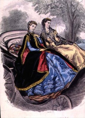 Suknie damskie od Madame Brent-Castle, peleryny z Grands Magasins du Louvre z działu „Fashion Illustrated” „Journal De La Famille”, wyd. przez Leroy autorstwa Adele Anais (after) Colin