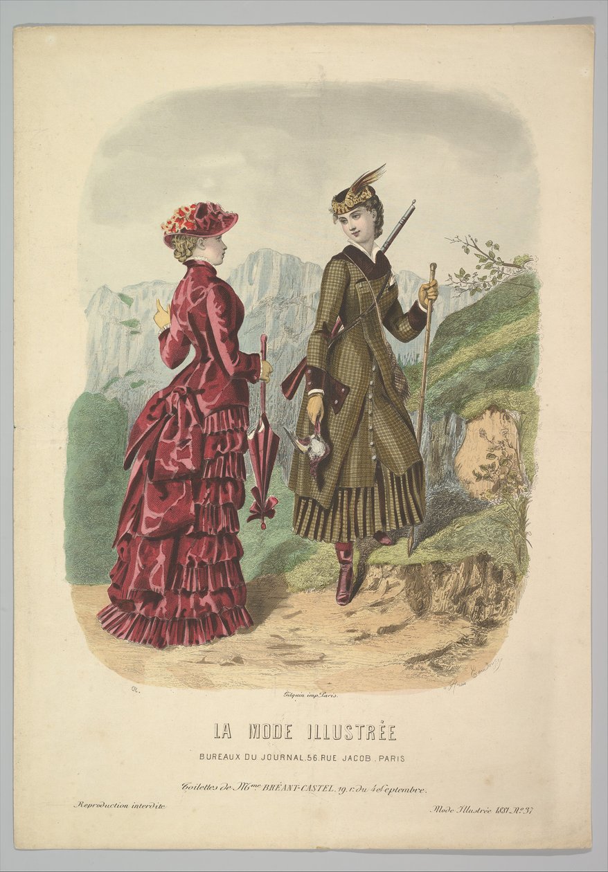 Dama w stroju myśliwskim z damą w stroju spaceru na górskiej ścieżce z La Mode..., 1881. autorstwa Adèle Anaïs Colin