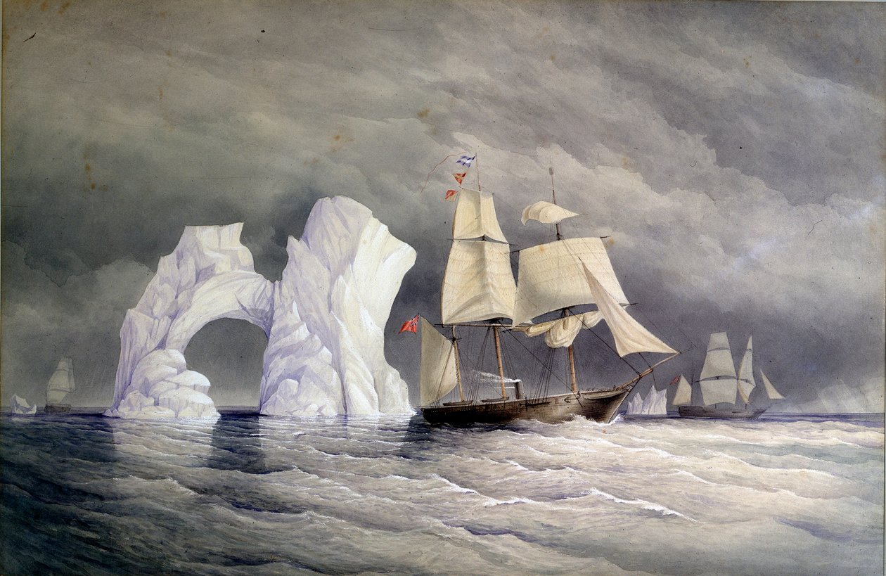 Brytyjskie statki Phoenix, Talbot i Diligence przekraczające górę lodową (Arktyczna Kanada). Akwarela (58x88 cm), autor: Edward Augustus Inglefield (1820-1894) autorstwa Admiral Edward Augustus Inglefield