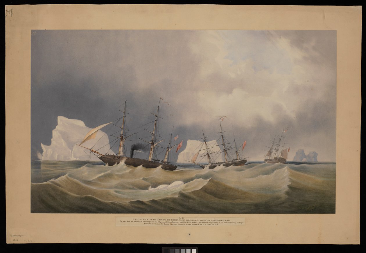 H.M.S. Phoenix z załogą, Diligence i Breadalbane, Wśród gór lodowych autorstwa Admiral Edward Augustus Inglefield