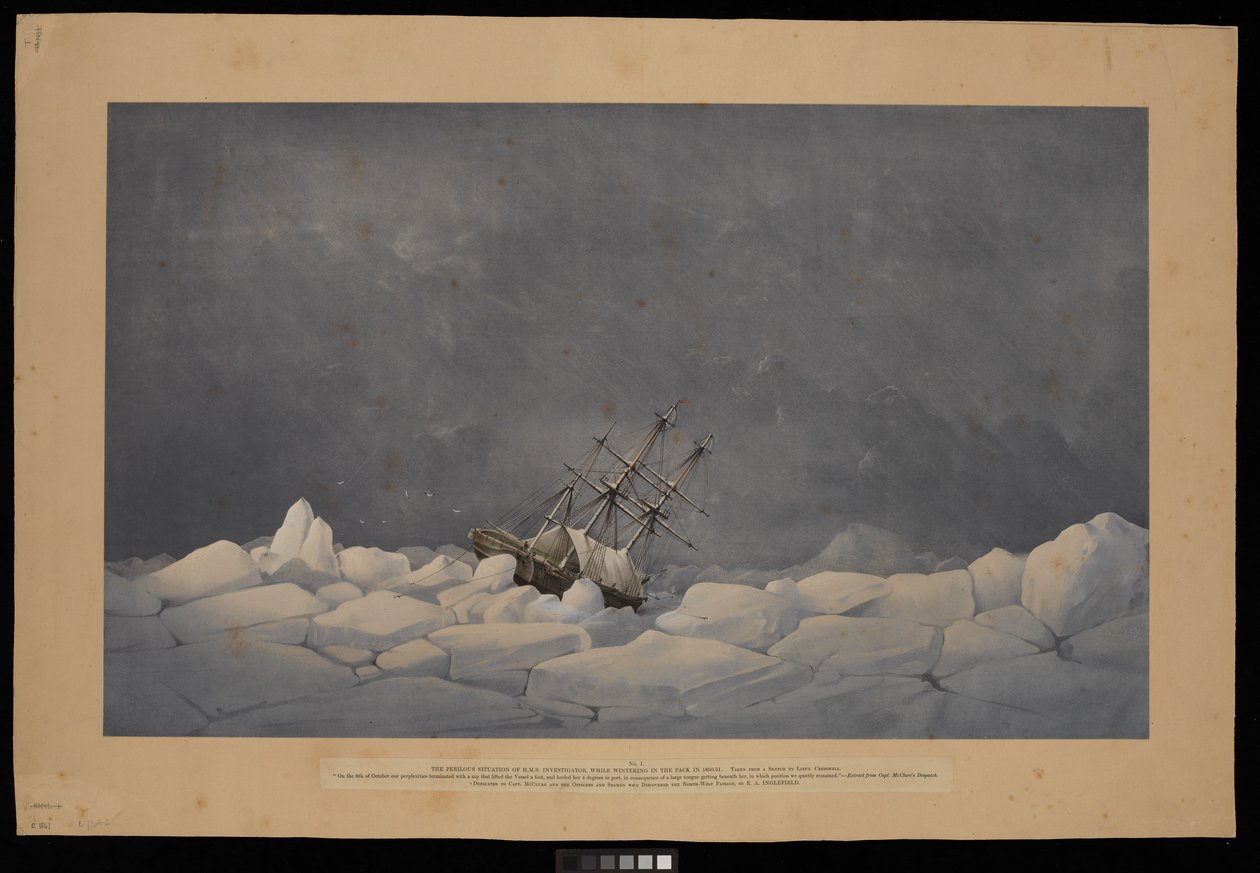 Niebezpieczna sytuacja H.M.S. "Investigator", podczas zimowania w stadzie w latach 1850-51... Dedykowane kapitanowi McClure... autorstwa Admiral Edward Augustus Inglefield