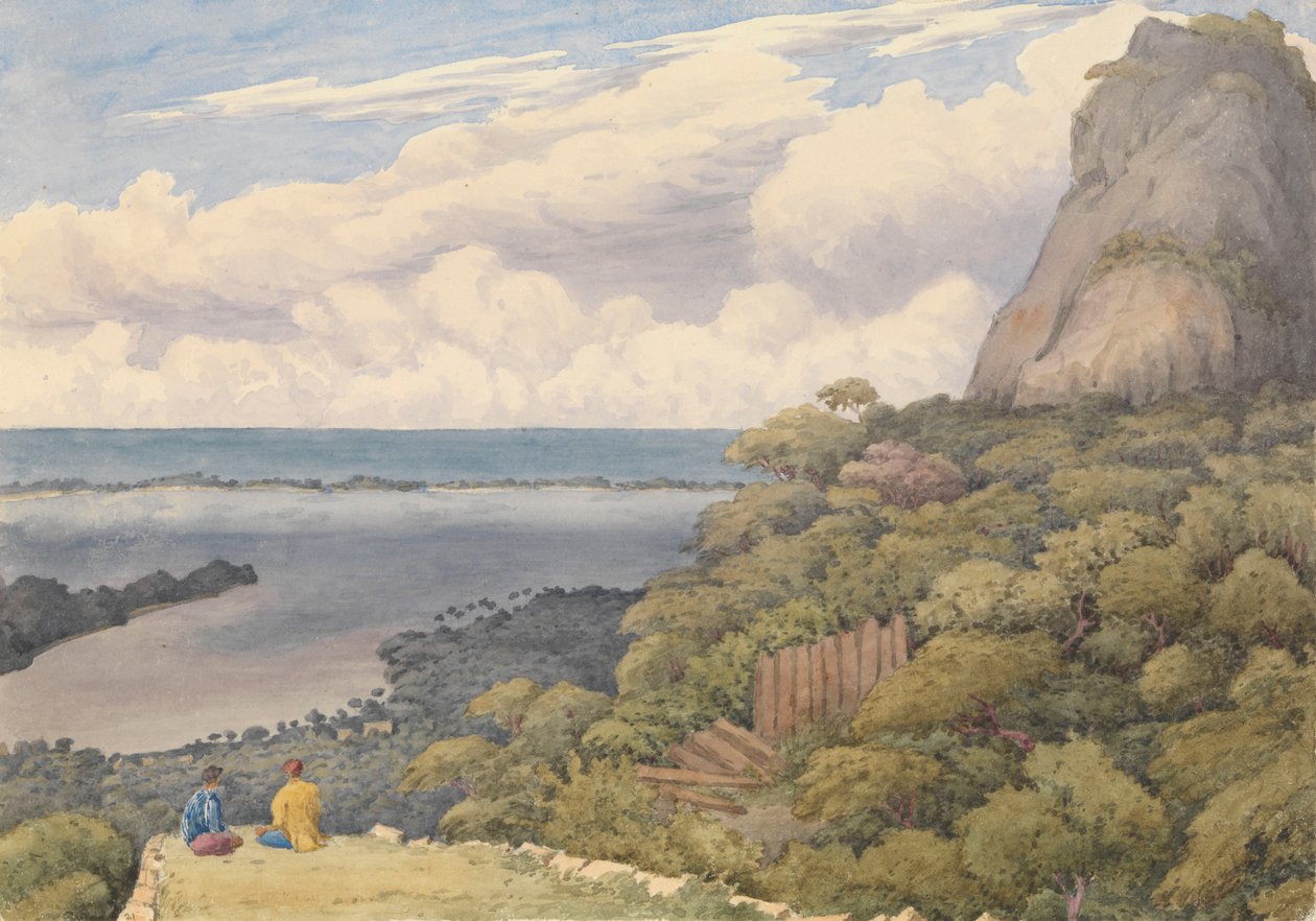 "Bora Bora [Wyspy Towarzystwa], ze zrujnowanego fortu tubylców nad główną wioską po wschodniej stronie wyspy, 5 września 1849 r. autorstwa Admiral Sir Edward Gennys Fanshawe