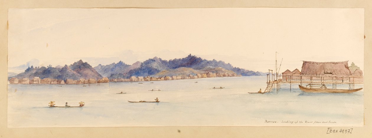 Borneo - Patrząc w górę rzeki z naszego domu z Indii Zachodnich, Ameryki Północnej i Borneo, ok. 1845 r. (akwarela) autorstwa Admiral Sir Edward Gennys Fanshawe