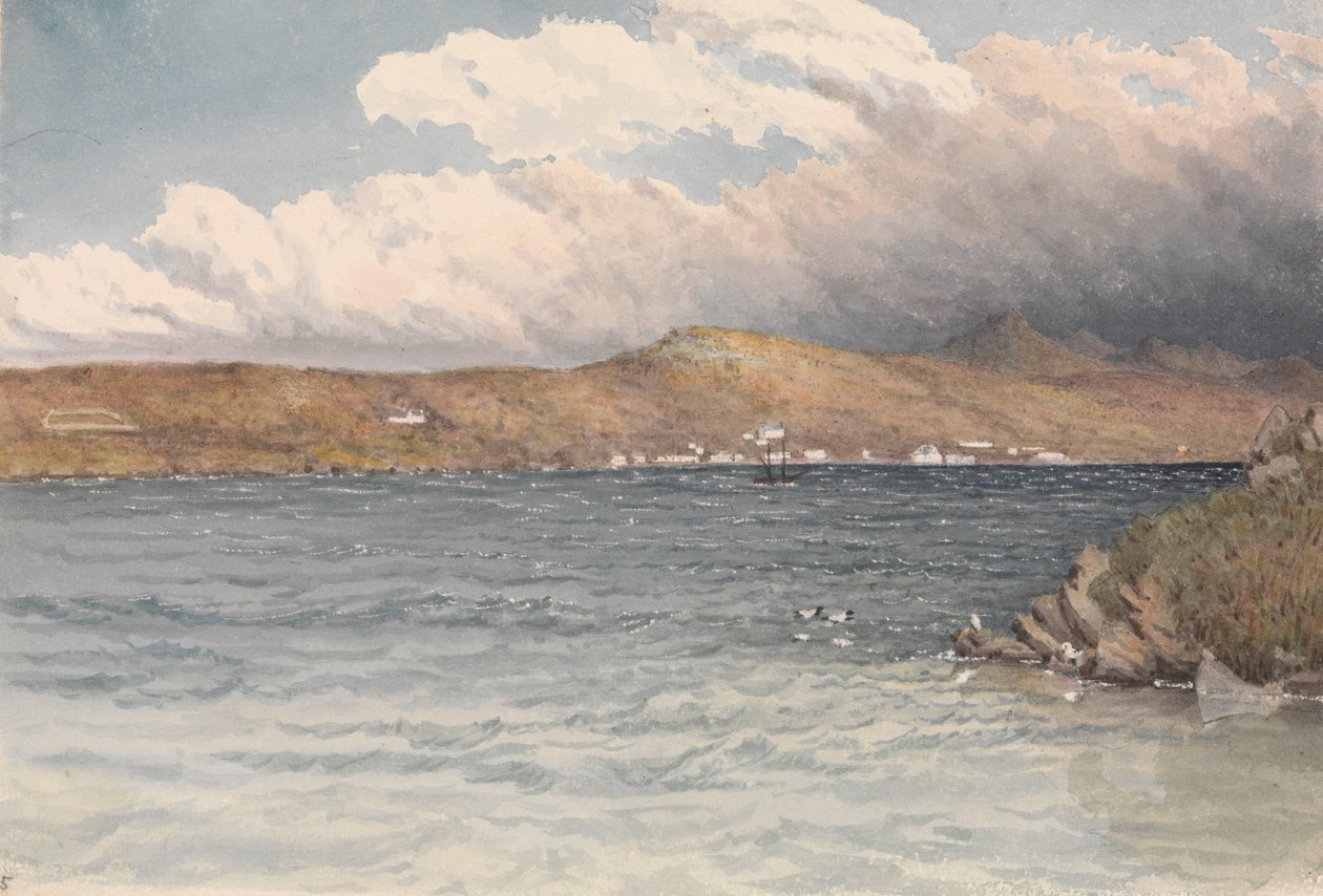 Osada w Port Stanley, Falklandy, maj 1849 r. (akwarela) autorstwa Admiral Sir Edward Gennys Fanshawe