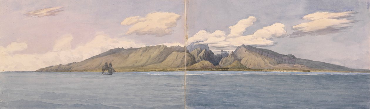 "Tahiti [Wyspy Towarzystwa]. Wąwóz Fautaua - Góra Korony lub Diademu w centrum wyspy i miasto Papeiti, 24 sierpnia 1849 r.". autorstwa Admiral Sir Edward Gennys Fanshawe
