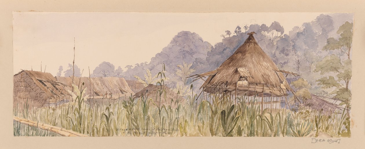 Wioska i siedziba plemienia Segu lub Na rzece Manuk lub Segur z Indii Zachodnich, Ameryki Północnej i Borneo scrapbook autorstwa Admiral Sir Edward Gennys Fanshawe