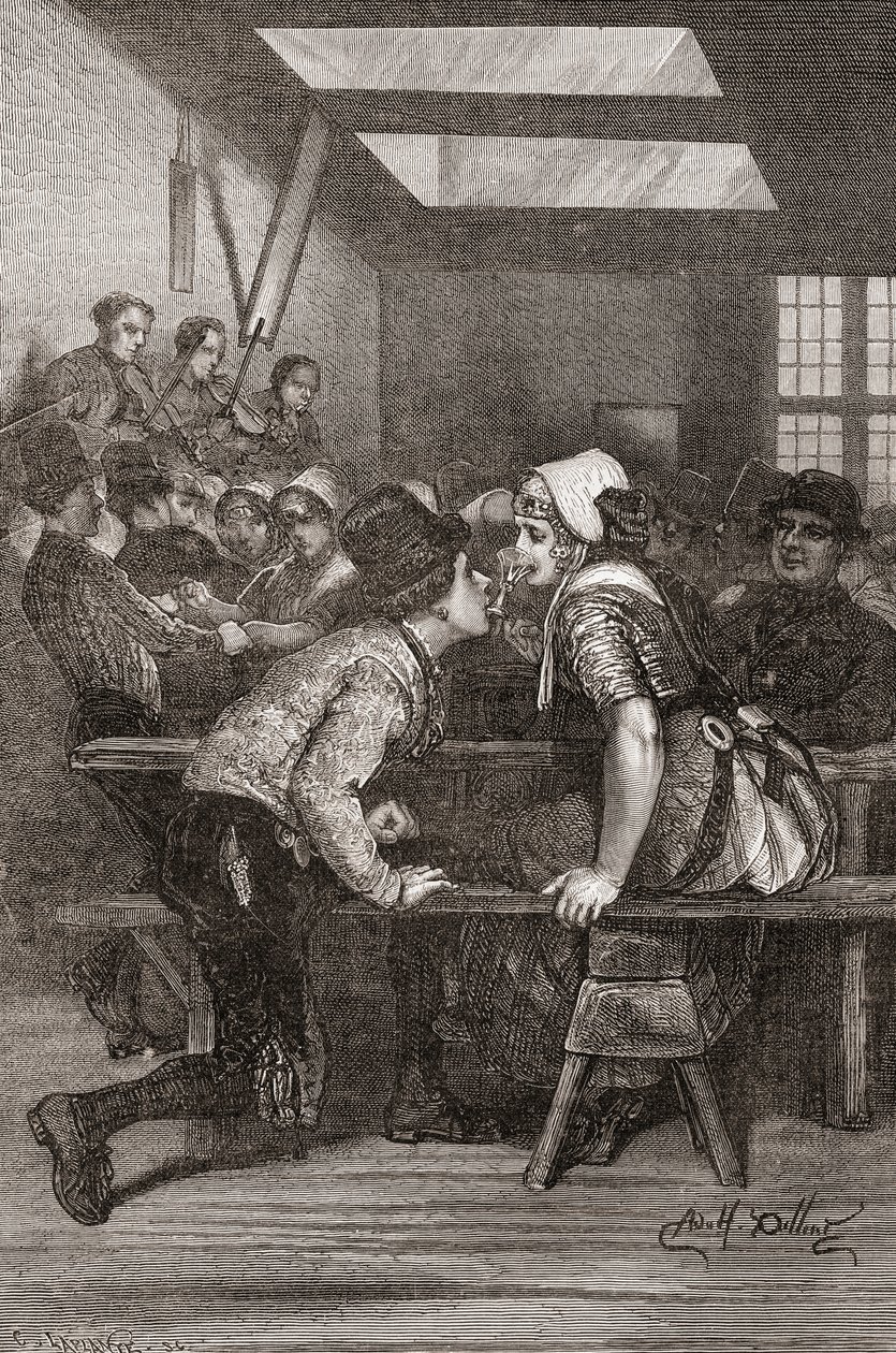 Młody mężczyzna trzyma w zębach szklankę, aby jego kochanka piła z Zelandii w Holandii, ilustracja ze „Świata w dłoniach”, rytowana przez Charlesa Laplante (zm. 1903), opublikowana w 1878 r. (engravi autorstwa Adolf Alexander Dillens