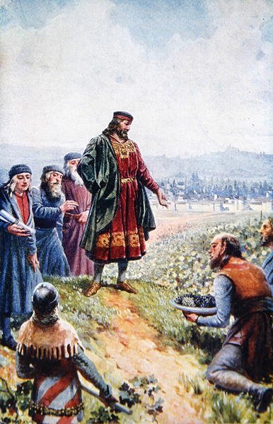 Karol IV dokonujący inspekcji winogron podczas zachęcania do produkcji wina w Czechach, początek XX wieku (kolor lito) autorstwa Adolf (after) Liebscher