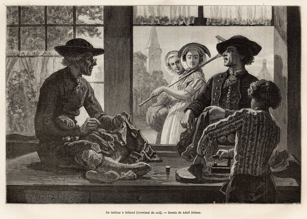 Krawiec i jego uczeń pracujący na krawędzi okna, by cieszyć się światłem i widokiem przechodniów ulicy, w Rilland (South Beveland), grawer według rysunku Adolfa Dillensa, ilustrującego podróż do Zelandii ( Holandia), ja autorstwa Adolf Alexander Dillens