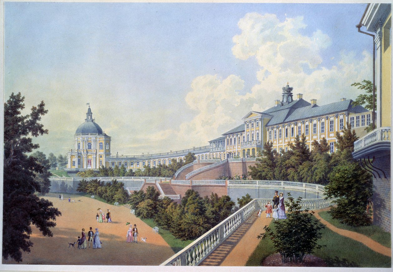 Wielki pałac Oranienbaumów (królewska rezydencja Rosji), położony w Łomonosowie w aglomeracji Sankt Petersburga (Wielki Pałac Oranienbaumów). Obraz Adolfa Bezemanna (1806-1867). Akwarela na papierze autorstwa Adolf Besemann
