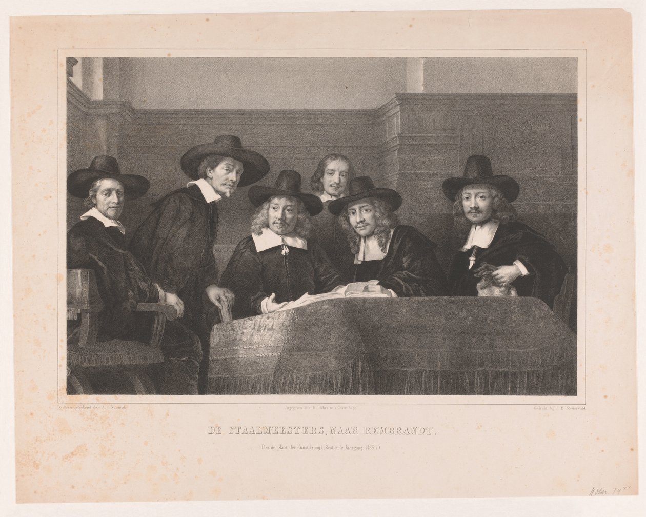 De Staalmeesters: kolegium mistrzów próbek (waardijns) gildii sukna w Amsterdamie De Staalmeesters, wg Rembrandta / Premium plate der Kunstkronijk, tom XVI (1854) (tytuł na obiekcie) autorstwa Adolf Carel Nunnink