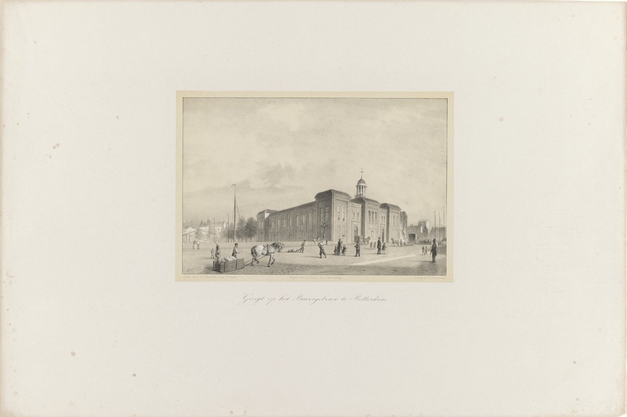Widok Beursgebouw w Rotterdamie, 1854 Widok na Beursgebouw w Rotterdamie (tytuł na obiekcie) Towarzystwo Promocji Toonkunst, jego Festiwal Muzyczny i miasto Rotterdam. pamięć roku 1854 (tytuł serii na obiekcie) autorstwa Adolf Carel Nunnink