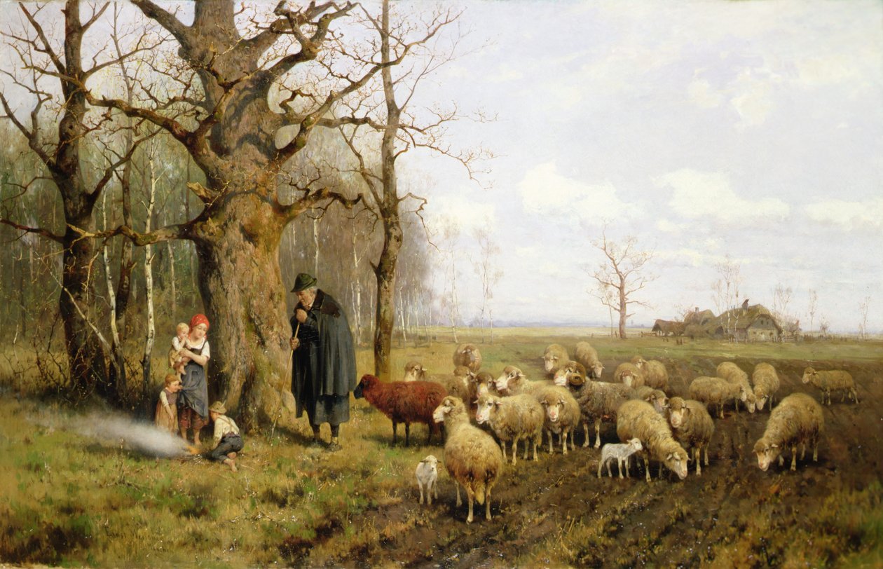 Dzieci z pasterzem i owcami w pejzażu (olej na płótnie) autorstwa Adolf Ernst Meissner