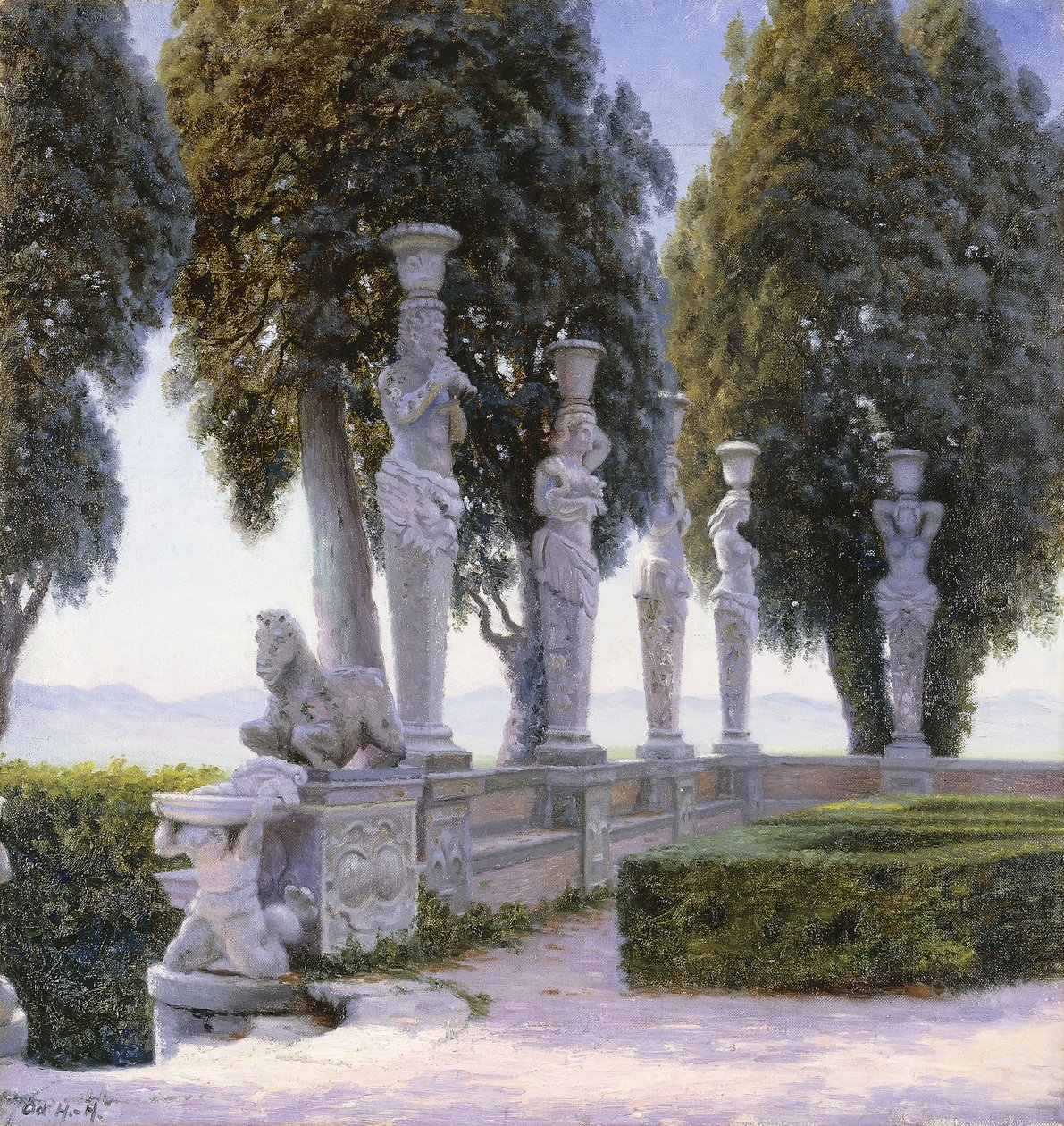 Plac z kariatydami na terenie Willi Farnese, Caprarola; Piazzale delle Cariatidi w parku Palazzo Farnese w Caprarola autorstwa Adolf Heinrich Hansen