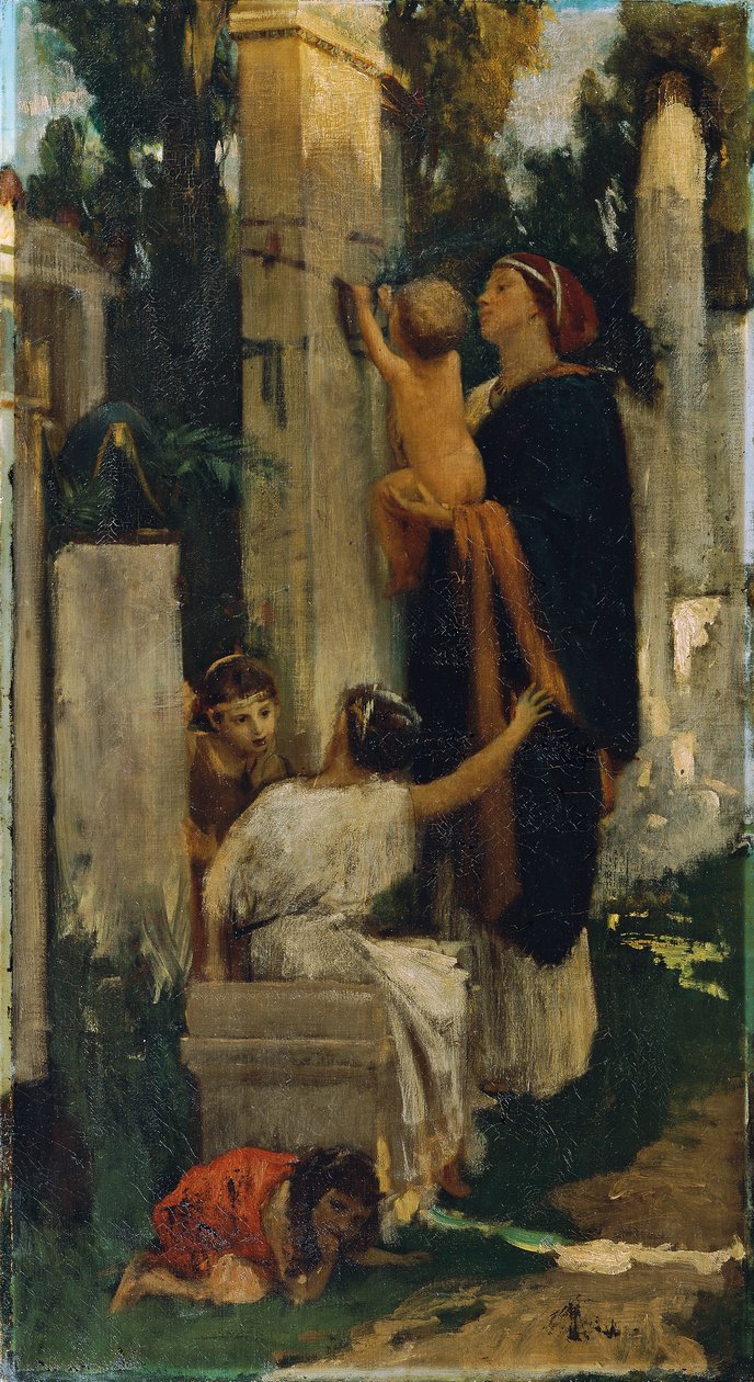 Antyczna scena na cmentarzu (kobieta z dziećmi dekoruje grób) autorstwa Adolf Hiremy Hirschl