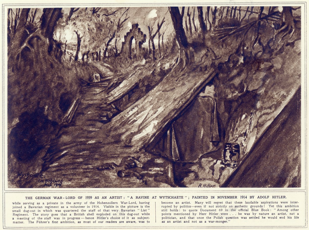 Wąwóz w Wytschaete, namalowany w listopadzie 1914 r., opublikowany w "The Illustrated War News". autorstwa Adolf Hitler