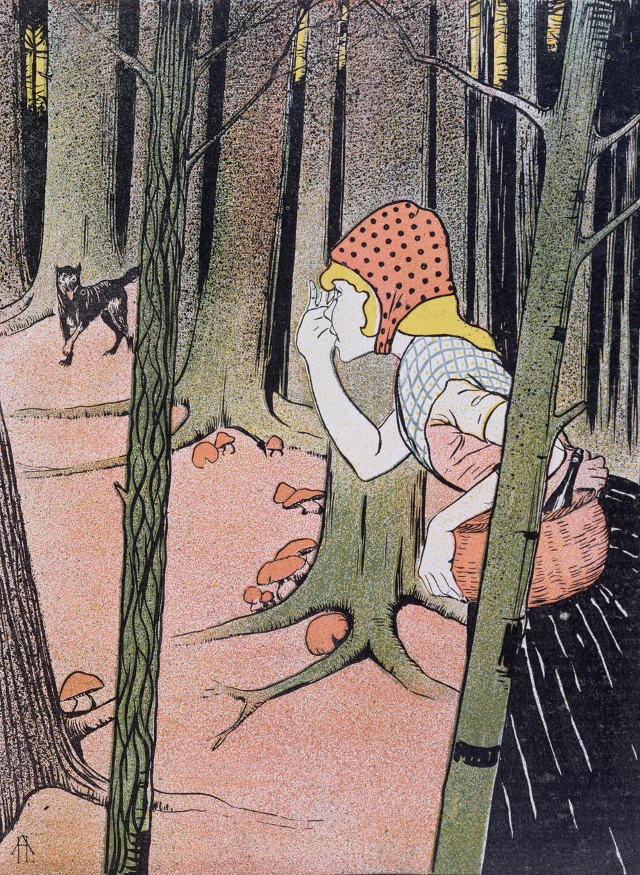 Czerwony Kapturek widzi wilka w lesie, ilustracja z Jugend opublikowana w Muenchen 1896 autorstwa Adolf Hofer